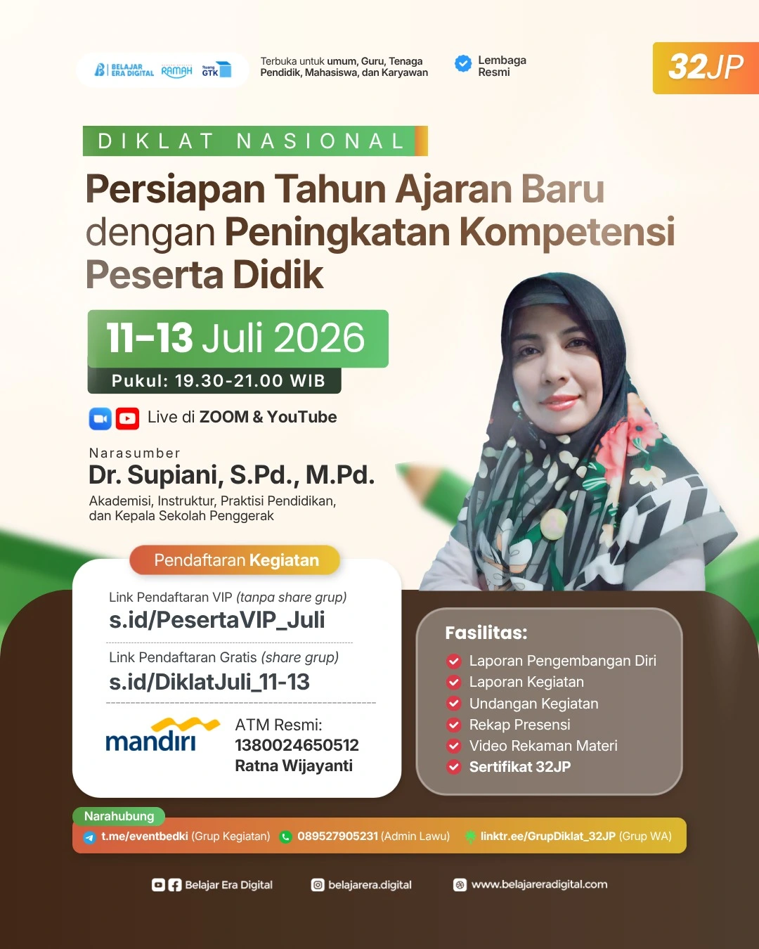 Diklat Nasional 32JP: Persiapan Tahun Ajaran Baru dengan Peningkatan Kompetensi Peserta Didik (11-13 Juli 2026)