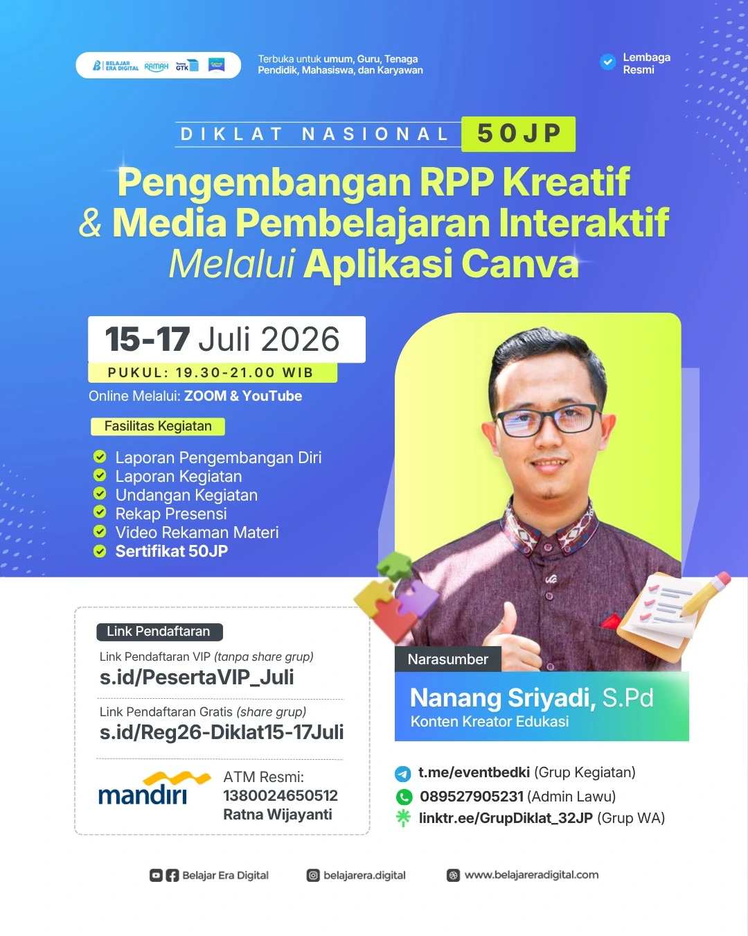 Diklat Nasional 50JP: Pengembangan RPP Kreatif dan Media Pembelajaran Interaktif Melalui Aplikasi Canva (15-17 Juli 2026)