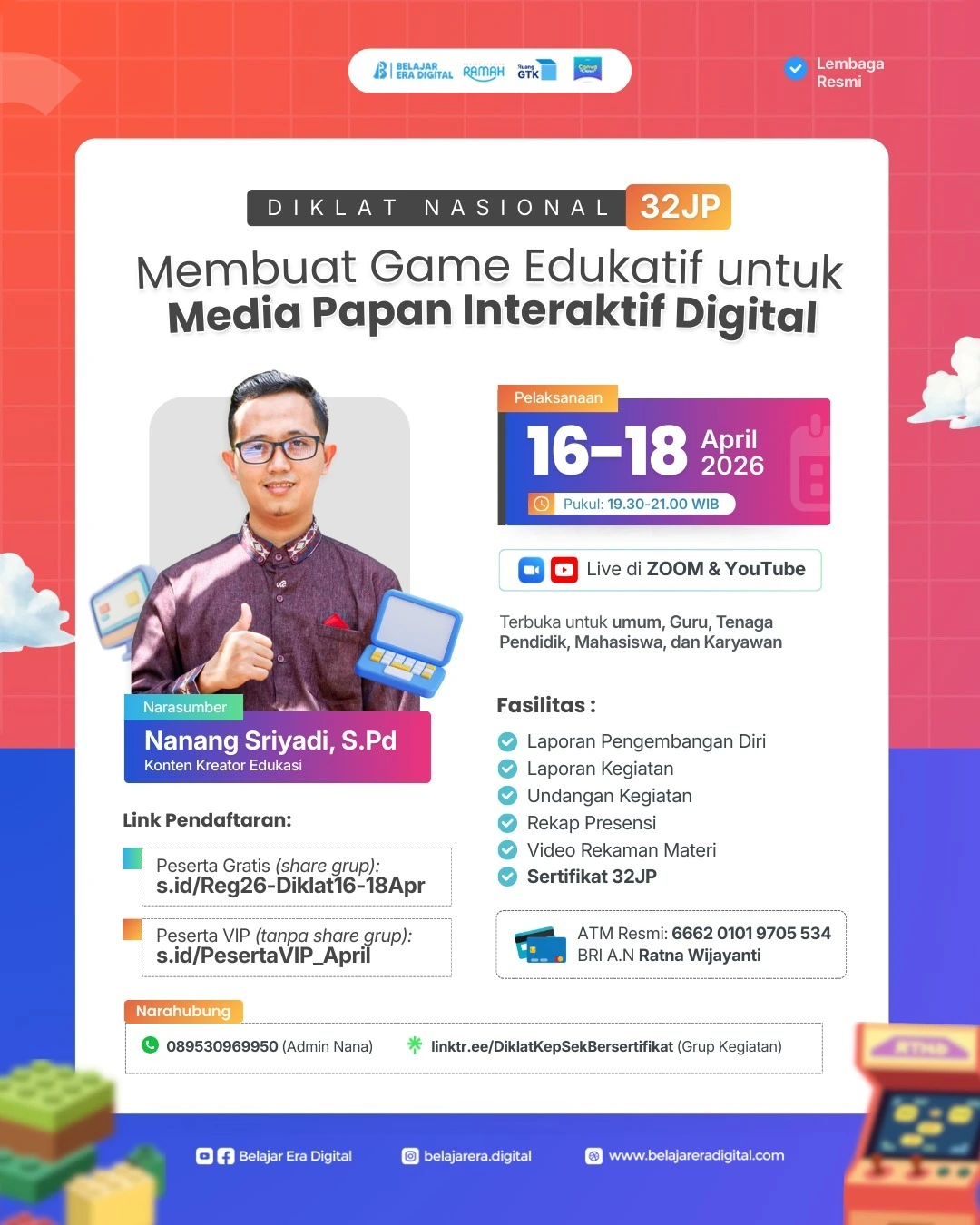 Diklat Nasional 32JP: Membuat Game Edukatif untuk Media Papan Interaktif Digital (16-18 April 2026)