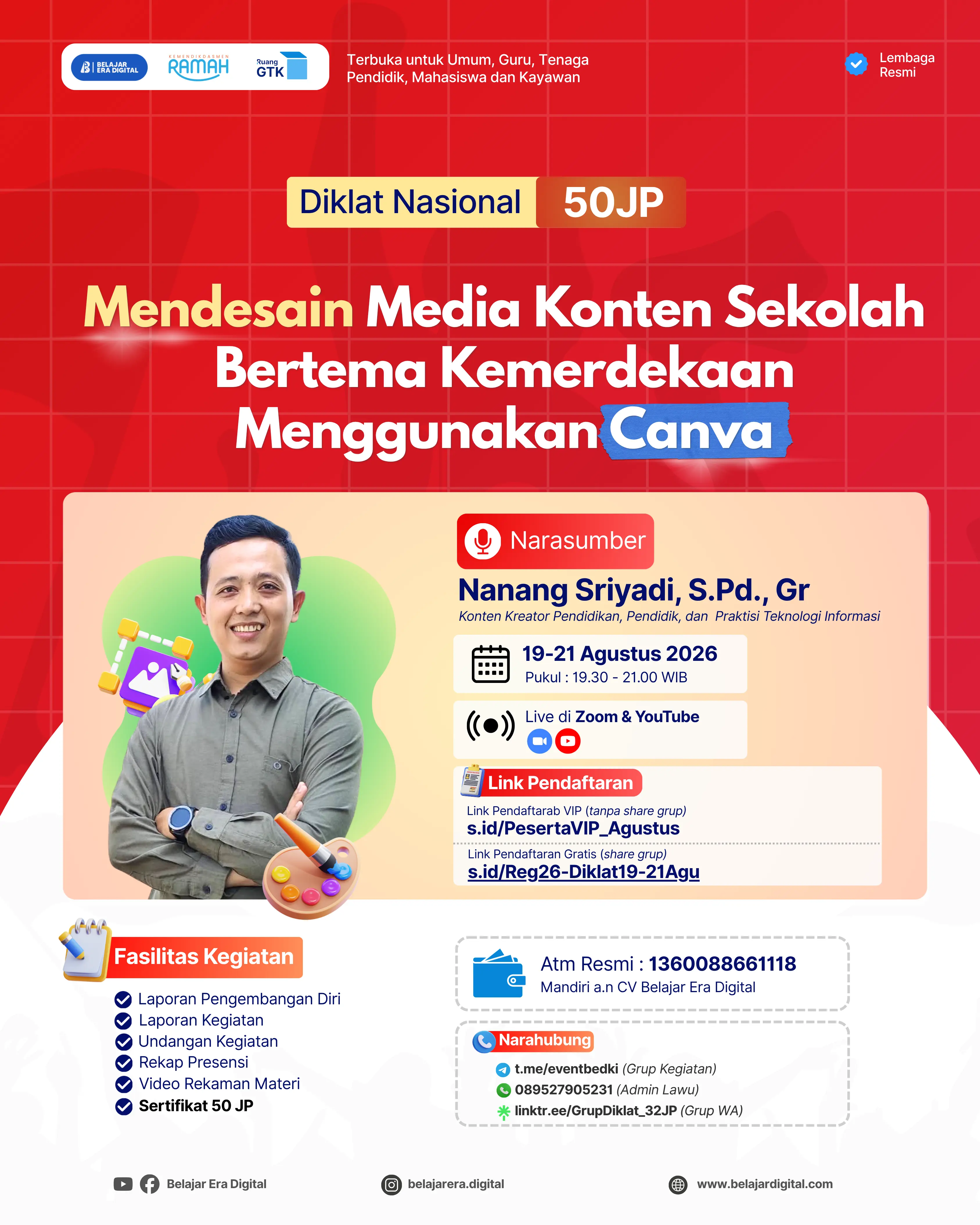 Diklat Nasional 50JP: Mendesain Media Konten Sekolah Bertema Kemerdekaan Menggunakan Canva (19-21 Agustus 2026)