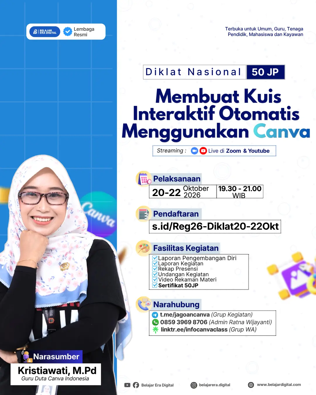 Diklat Nasional 50JP: Membuat Kuis Interaktif Otomatis Menggunakan Canva (20-22 Oktober 2026)