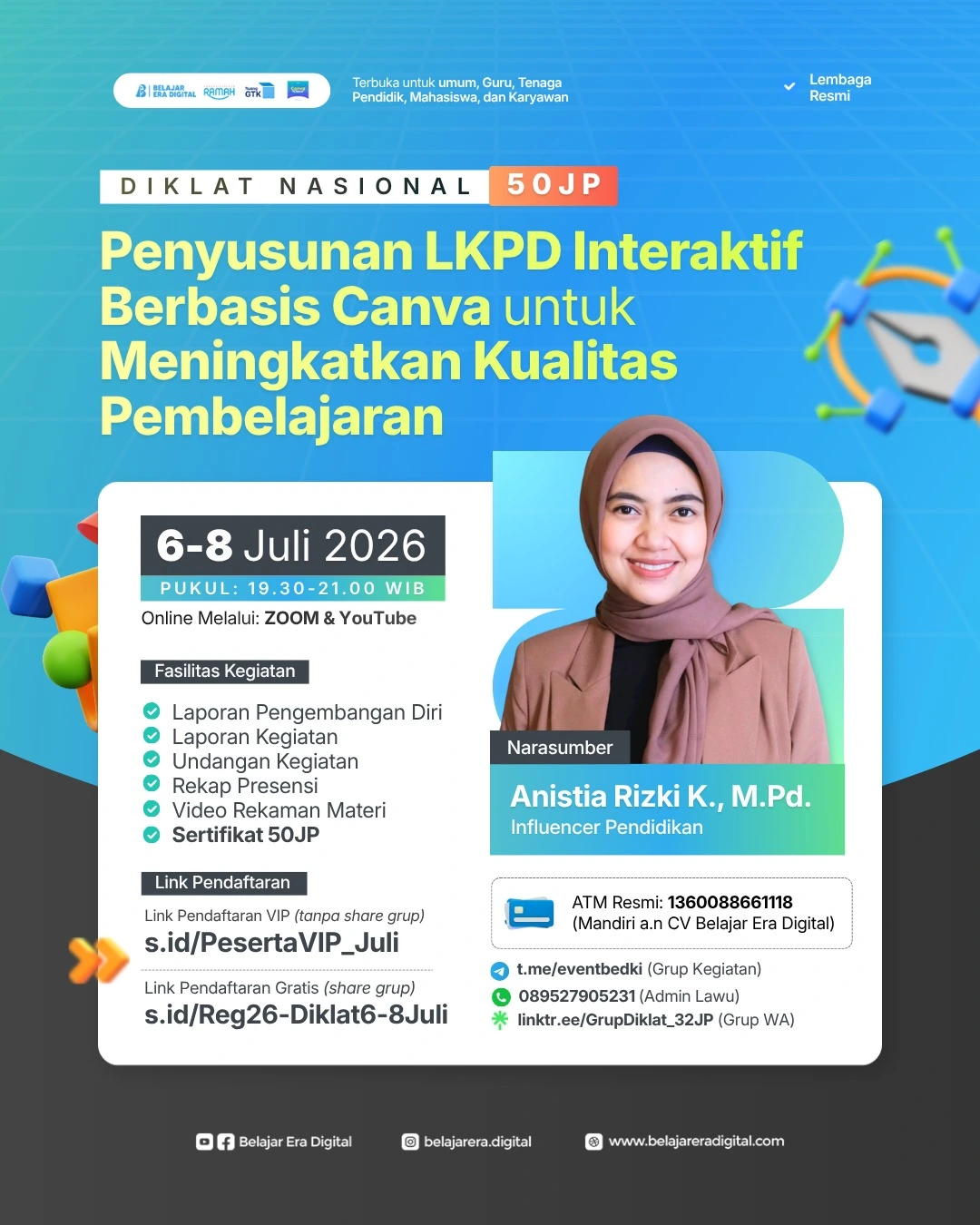 Diklat Nasional 50JP: Penyusunan LKPD Interaktif Berbasis Canva untuk Meningkatkan Kualitas Pembelajaran (6-8 Juli 2026)
