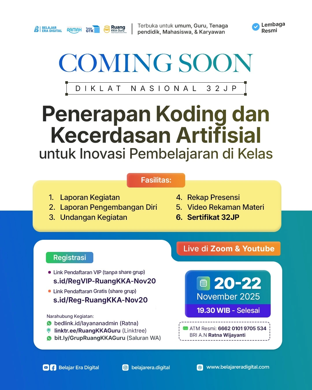 Diklat Nasional 32JP: Penerapan Koding dan Kecerdasan Artifisial untuk Inovasi Pembelajaran di Kelas (20-22 November 2025)